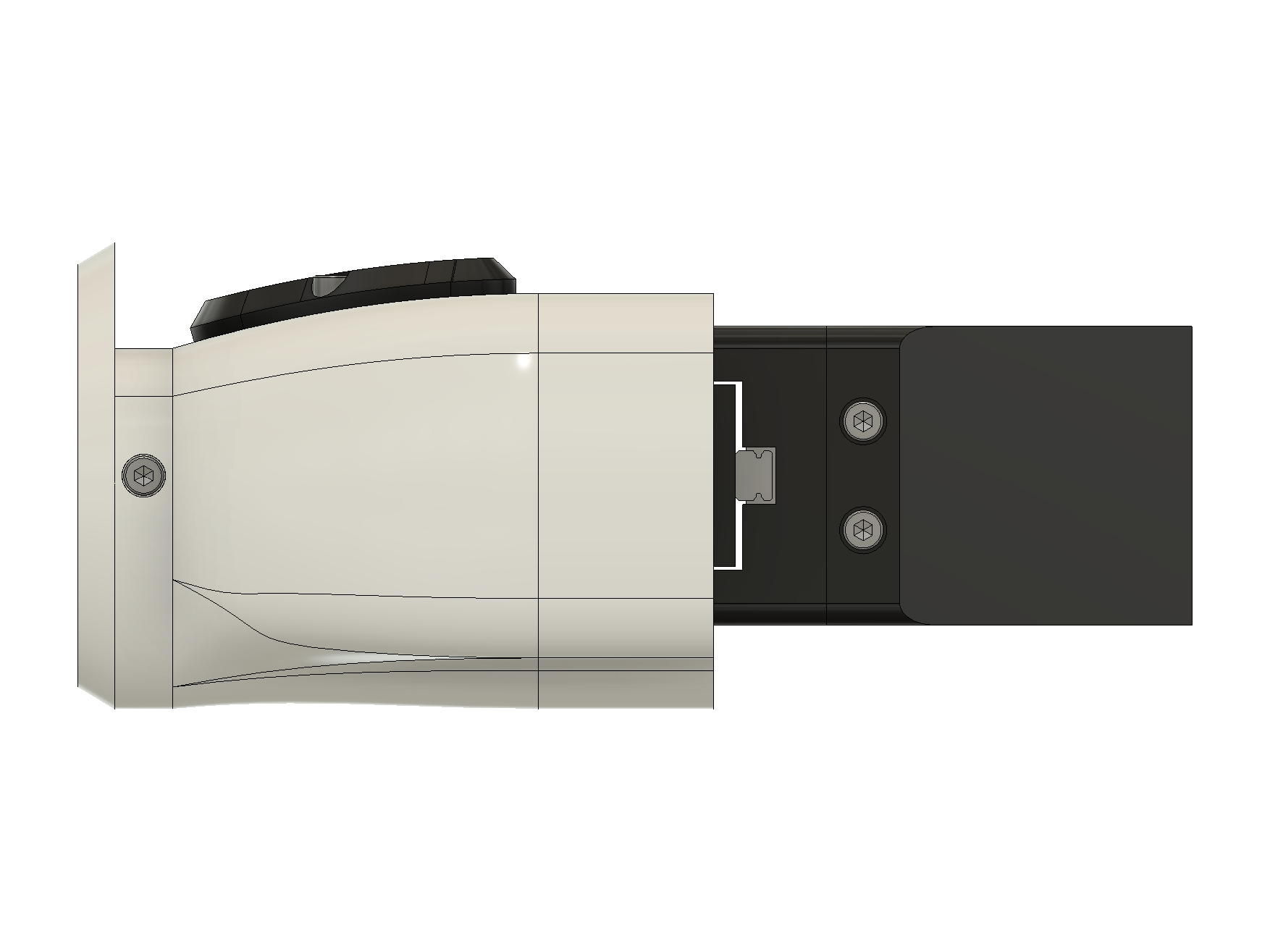 Side view of the gripper CAD, with the mounting flange on the left and a jaw on its carriage on the right