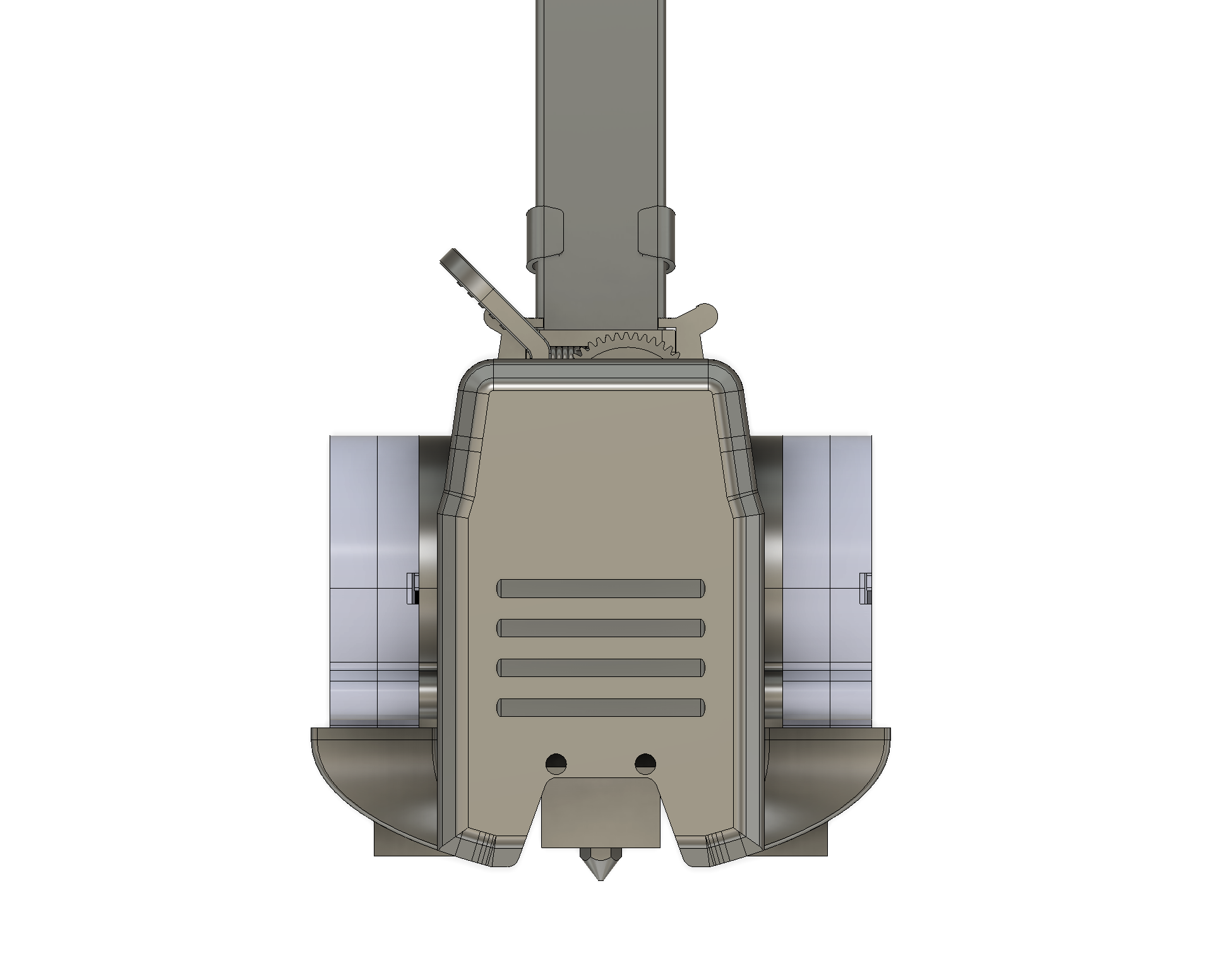 Front view CAD of the toolhead with the dual 5015 duct, one blower on each side of the nozzle