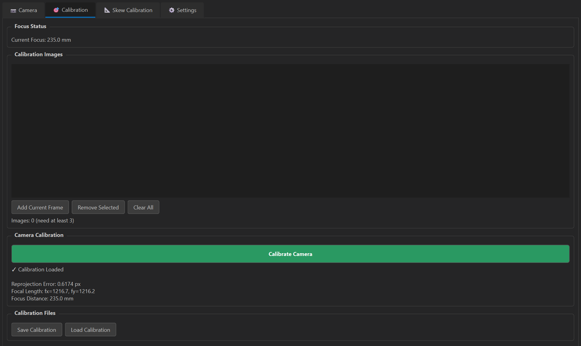 The Calibration tab with a saved calibration loaded