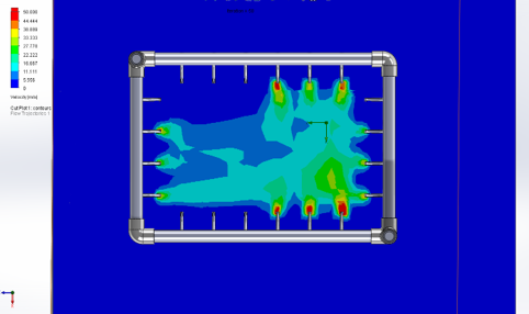 CFD velocity plot of the first pipe layout, with several outlet tubes showing no flow